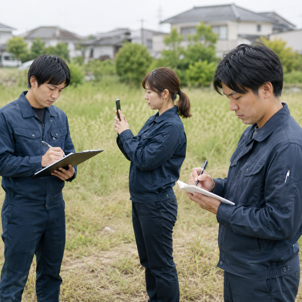現場で情報収集する複数の作業員